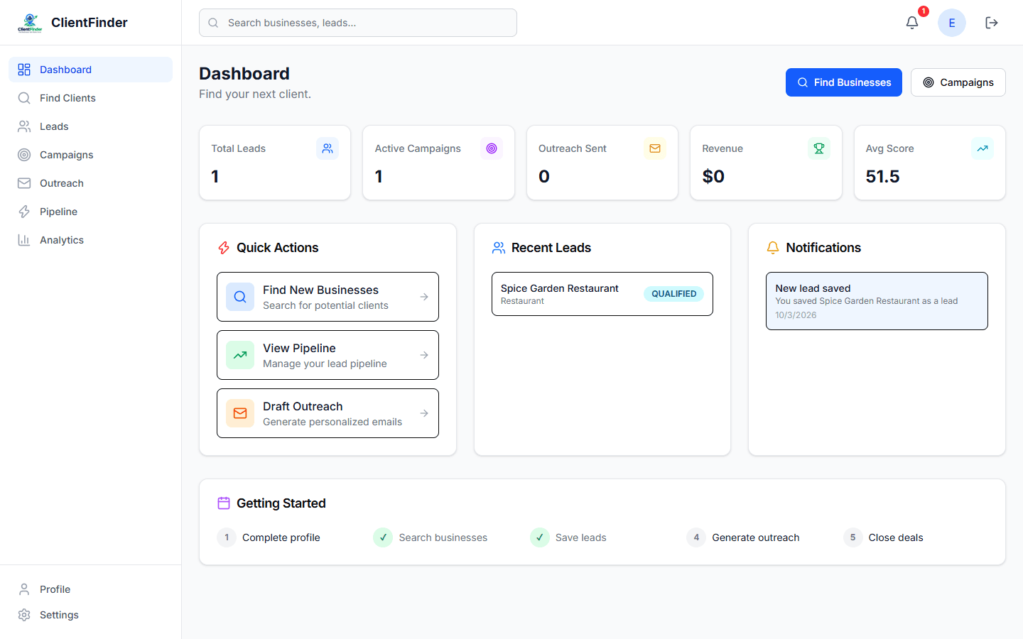 The ClientFinder dashboard showing total leads, active campaigns, average score, quick actions, recent leads, and notifications